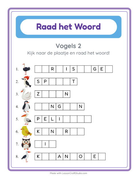 Voorbeeld van het Woord Raden-werkblad met Vogels 2 voor kleuterklas