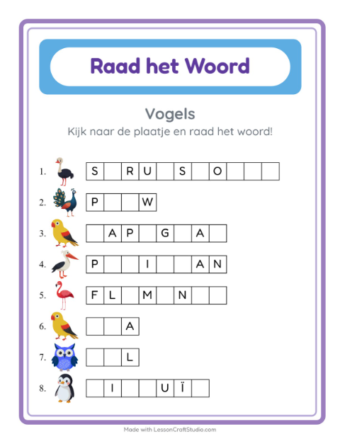 Voorbeeld van het Woord Raden-werkblad met Vogels voor kleuterklas