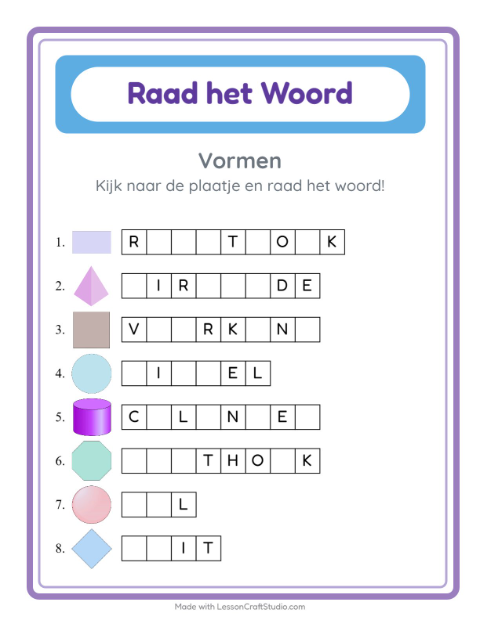 Voorbeeld van het Woord Raden-werkblad met Vormen voor kleuterklas