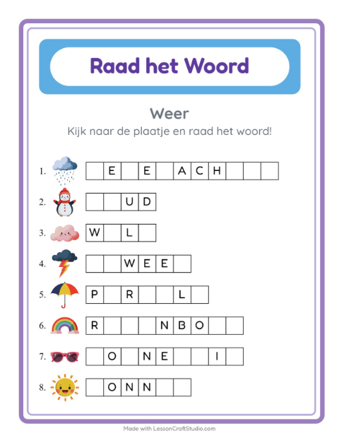 Voorbeeld van het Woord Raden-werkblad met Weer voor kleuterklas