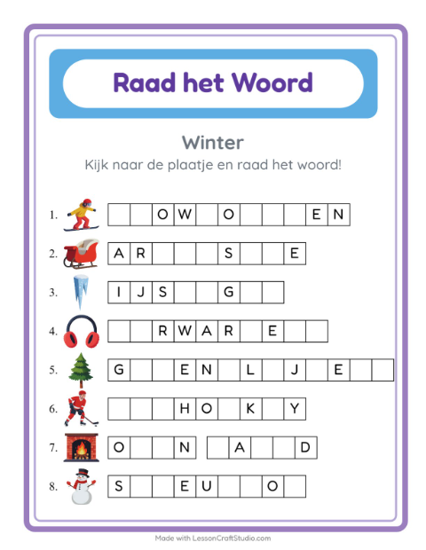 Voorbeeld van het Woord Raden-werkblad met Winter voor kleuterklas