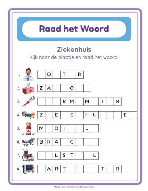 Voorbeeld van het Woord Raden-werkblad met Ziekenhuis voor kleuterklas