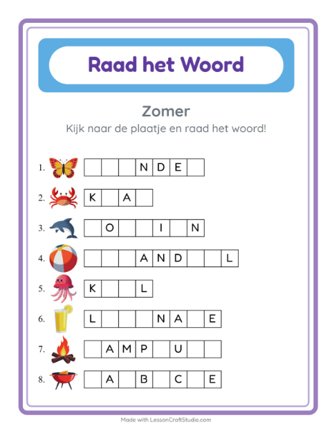 Voorbeeld van het Woord Raden-werkblad met Zomer voor kleuterklas