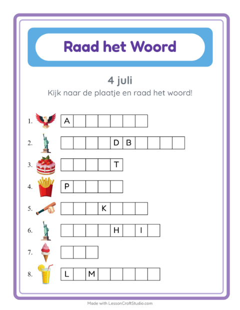 Voorbeeld van het Woord Raden-werkblad met 4 juli voor kleuterklas