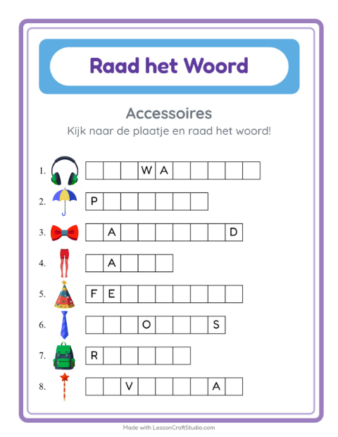Voorbeeld van het Woord Raden-werkblad met Accessoires voor kleuterklas