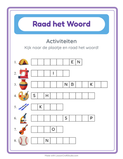 Voorbeeld van het Woord Raden-werkblad met Activiteiten voor kleuterklas