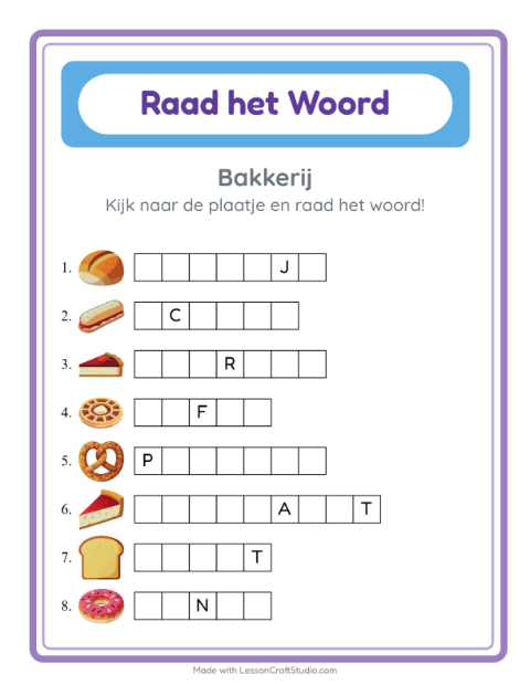 Voorbeeld van het Woord Raden-werkblad met Bakkerij voor kleuterklas