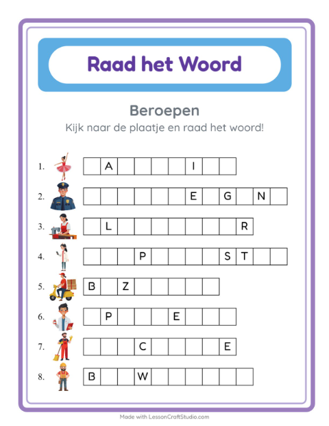 Voorbeeld van het Woord Raden-werkblad met Beroepen voor kleuterklas