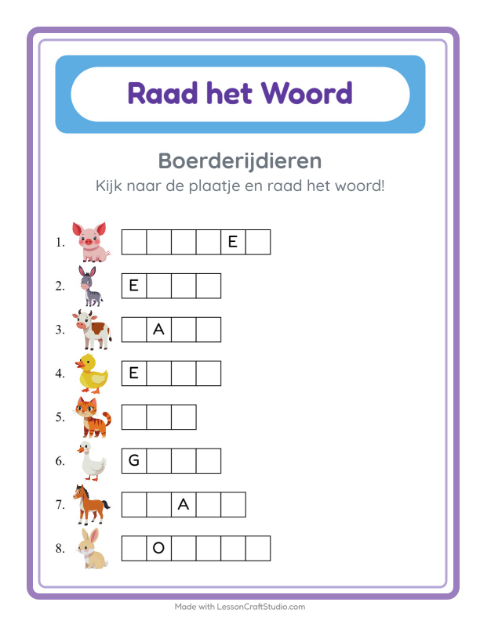 Voorbeeld van het Woord Raden-werkblad met Boerderijdieren voor kleuterklas