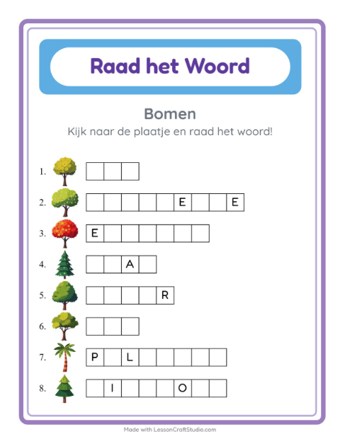 Voorbeeld van het Woord Raden-werkblad met Bomen voor kleuterklas