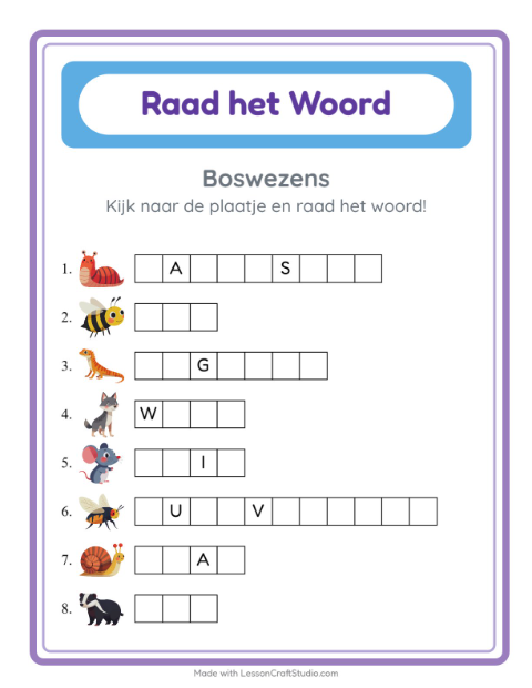 Voorbeeld van het Woord Raden-werkblad met Boswezens voor kleuterklas