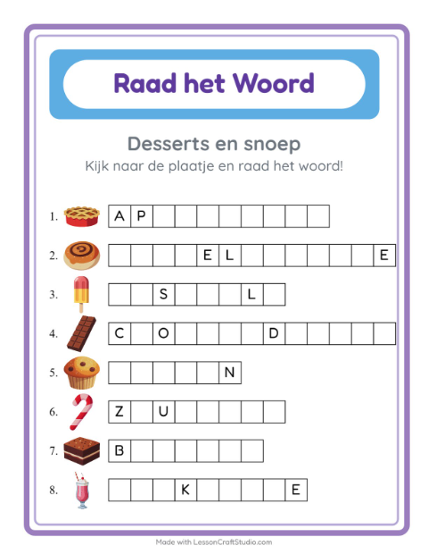 Voorbeeld van het Woord Raden-werkblad met Desserts en snoep voor kleuterklas