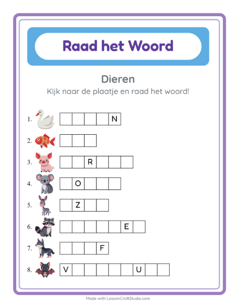 Voorbeeld van het Woord Raden-werkblad met Dieren voor kleuterklas