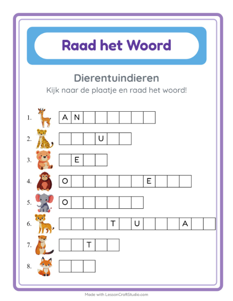 Voorbeeld van het Woord Raden-werkblad met Dierentuindieren voor kleuterklas