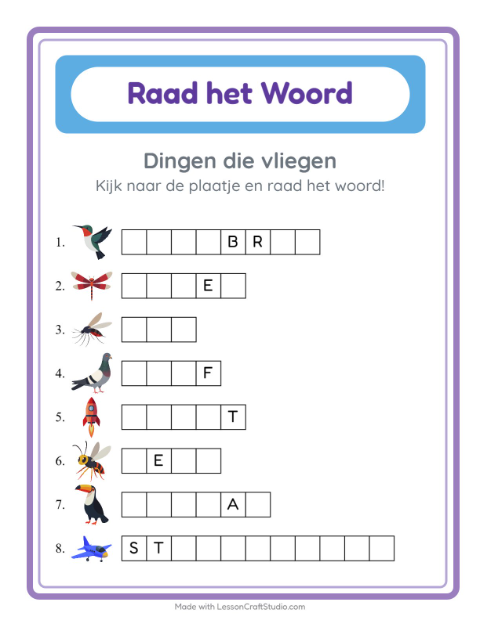 Voorbeeld van het Woord Raden-werkblad met Dingen die vliegen voor kleuterklas