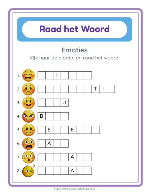Voorbeeld van het Woord Raden-werkblad met Emoties voor kleuterklas