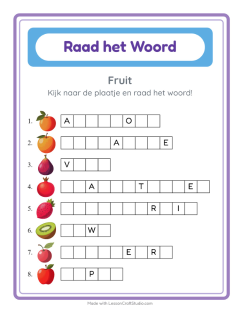 Voorbeeld van het Woord Raden-werkblad met Fruit voor kleuterklas