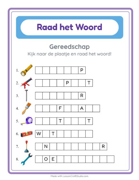 Voorbeeld van het Woord Raden-werkblad met Gereedschap voor kleuterklas