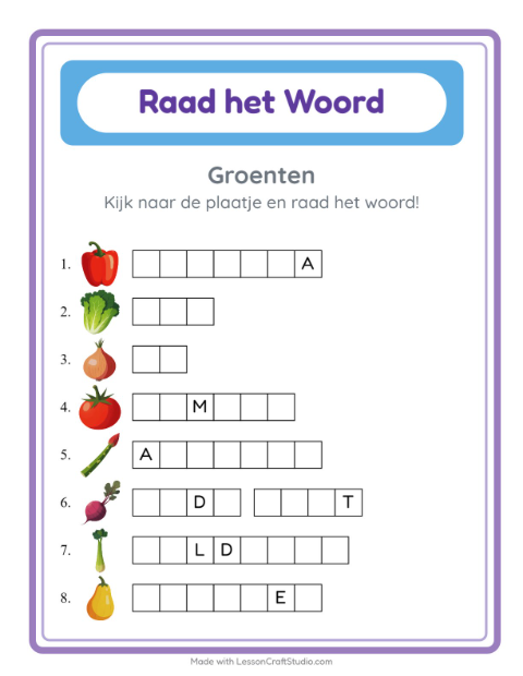 Voorbeeld van het Woord Raden-werkblad met Groenten voor kleuterklas