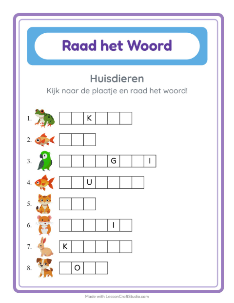 Voorbeeld van het Woord Raden-werkblad met Huisdieren voor kleuterklas
