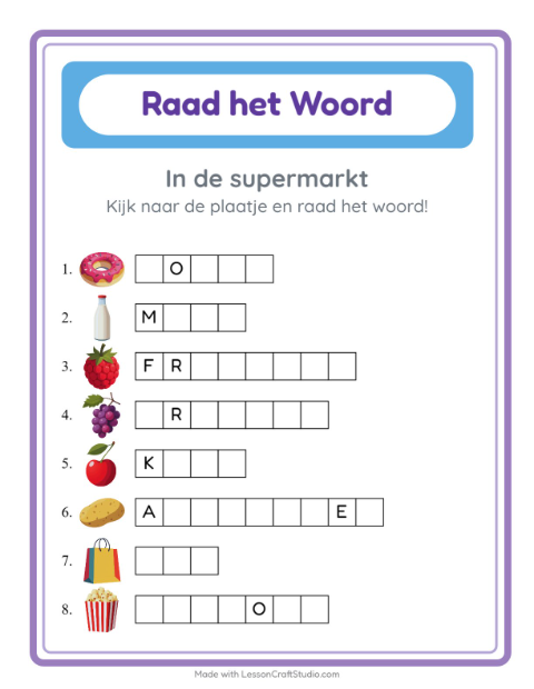 Voorbeeld van het Woord Raden-werkblad met In de supermarkt voor kleuterklas