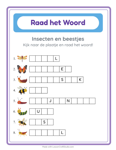 Voorbeeld van het Woord Raden-werkblad met Insecten en beestjes voor kleuterklas