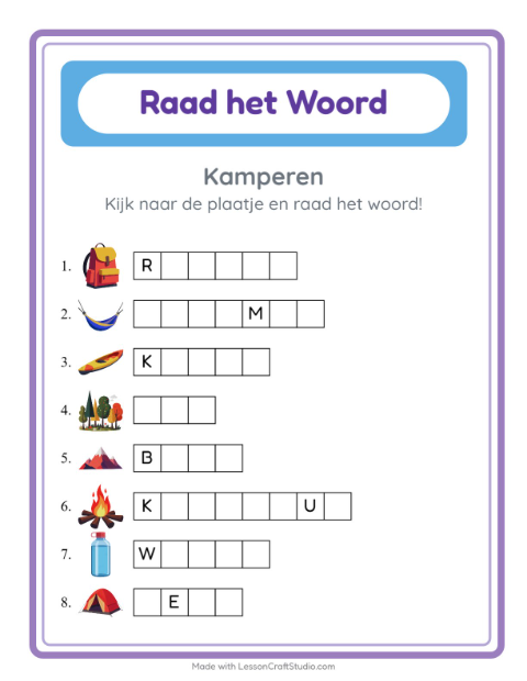 Voorbeeld van het Woord Raden-werkblad met Kamperen voor kleuterklas