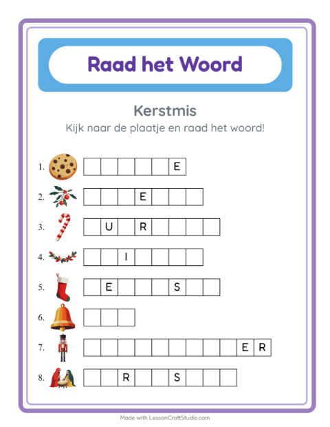 Voorbeeld van het Woord Raden-werkblad met Kerstmis voor kleuterklas