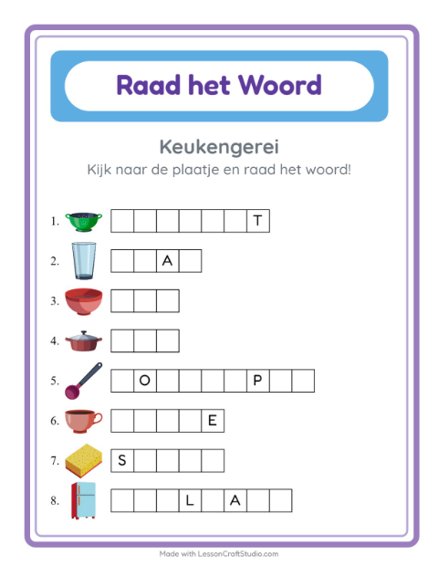 Voorbeeld van het Woord Raden-werkblad met Keukengerei voor kleuterklas