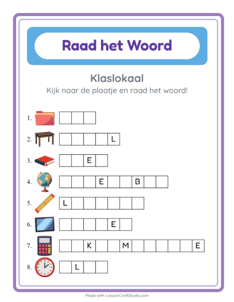 Voorbeeld van het Woord Raden-werkblad met Klaslokaal voor kleuterklas