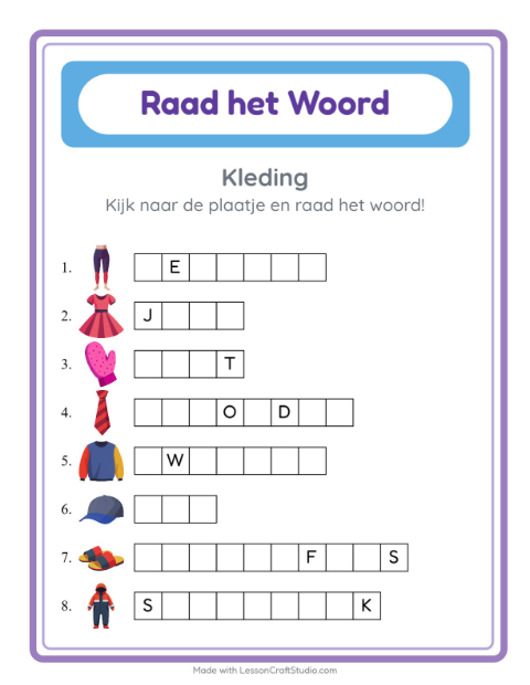 Voorbeeld van het Woord Raden-werkblad met Kleding voor kleuterklas