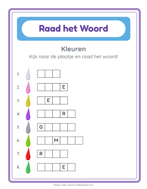 Voorbeeld van het Woord Raden-werkblad met Kleuren voor kleuterklas