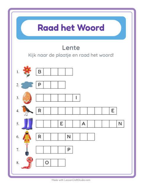 Voorbeeld van het Woord Raden-werkblad met Lente voor kleuterklas