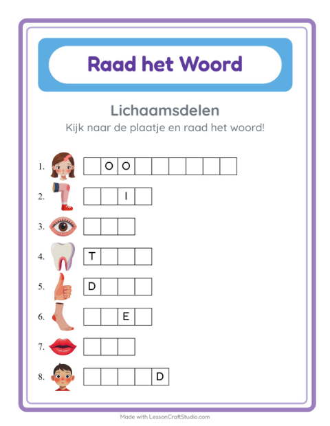 Voorbeeld van het Woord Raden-werkblad met Lichaamsdelen voor kleuterklas