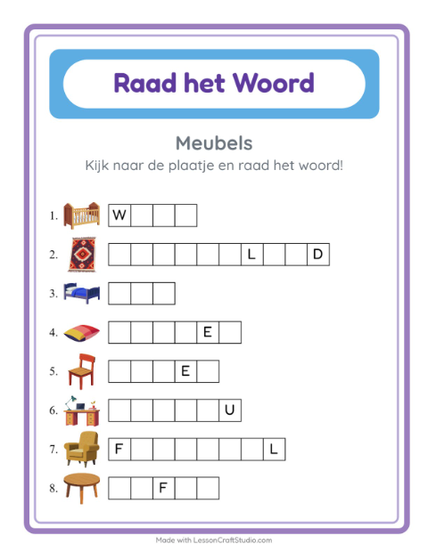 Voorbeeld van het Woord Raden-werkblad met Meubels voor kleuterklas