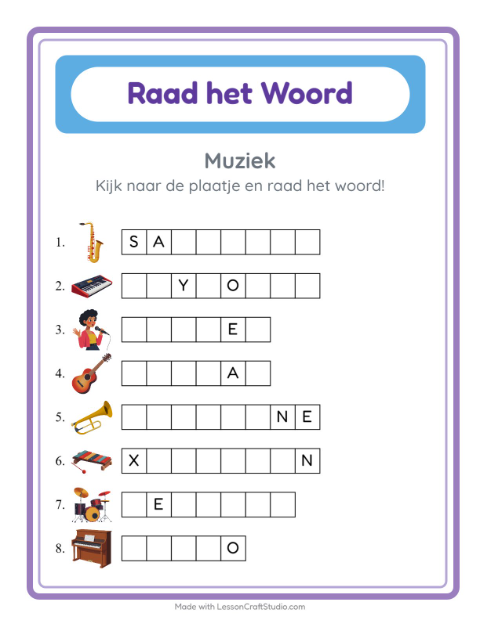Voorbeeld van het Woord Raden-werkblad met Muziek voor kleuterklas