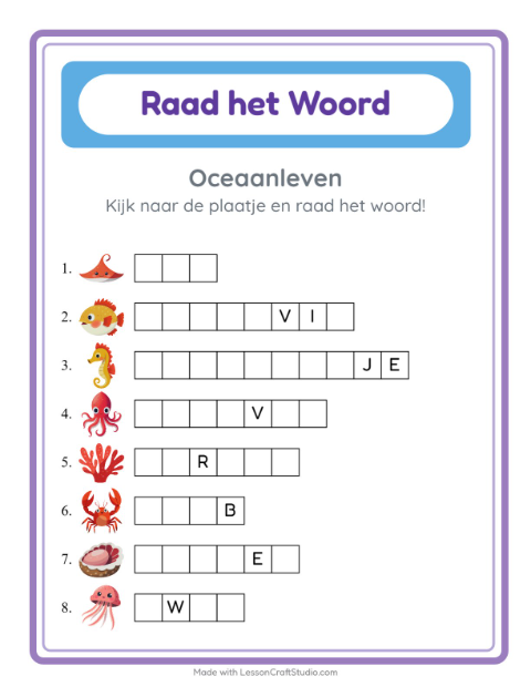 Voorbeeld van het Woord Raden-werkblad met Oceaanleven voor kleuterklas