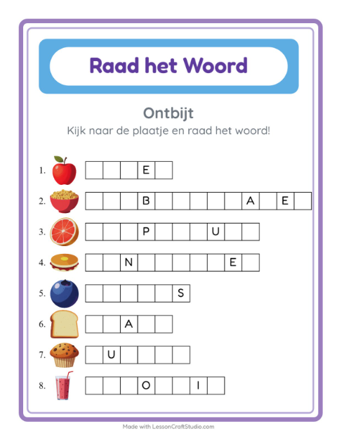 Voorbeeld van het Woord Raden-werkblad met Ontbijt voor kleuterklas