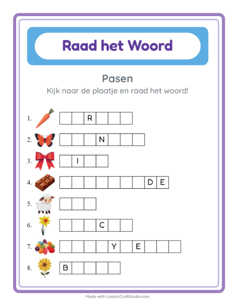 Voorbeeld van het Woord Raden-werkblad met Pasen voor kleuterklas