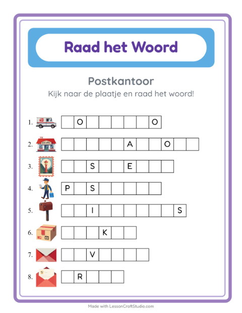 Voorbeeld van het Woord Raden-werkblad met Postkantoor voor kleuterklas