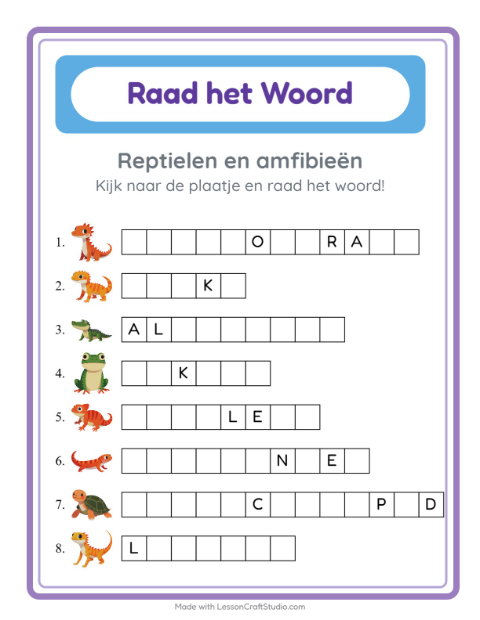 Voorbeeld van het Woord Raden-werkblad met Reptielen en amfibieën voor kleuterklas