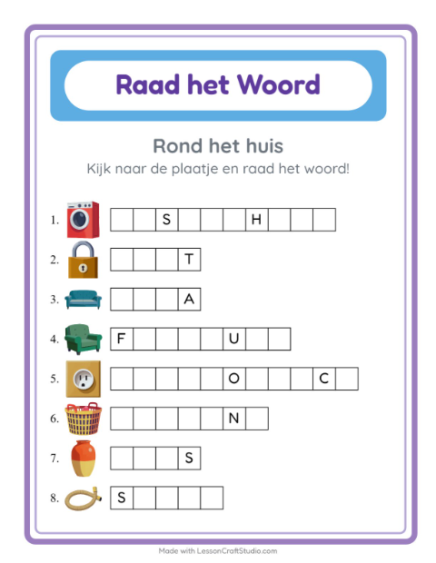 Voorbeeld van het Woord Raden-werkblad met Rond het huis voor kleuterklas