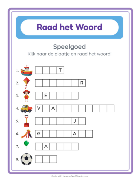 Voorbeeld van het Woord Raden-werkblad met Speelgoed voor kleuterklas