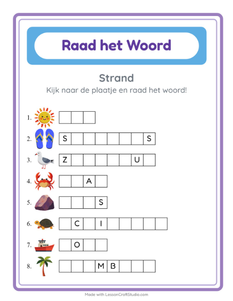 Voorbeeld van het Woord Raden-werkblad met Strand voor kleuterklas