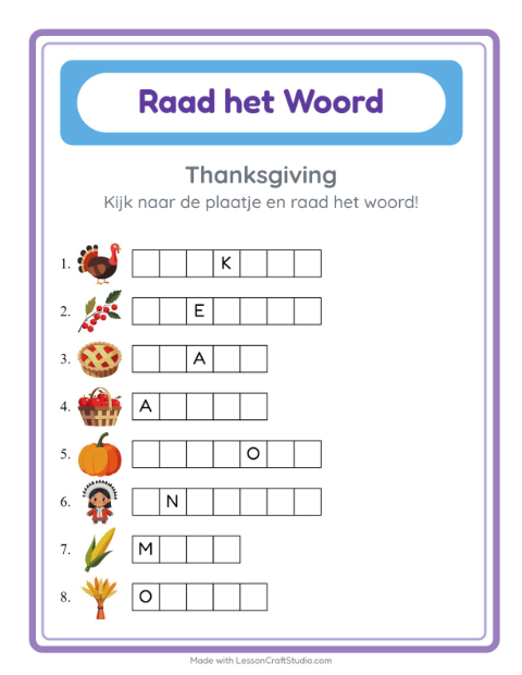 Voorbeeld van het Woord Raden-werkblad met Thanksgiving voor kleuterklas