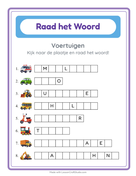 Voorbeeld van het Woord Raden-werkblad met Voertuigen voor kleuterklas