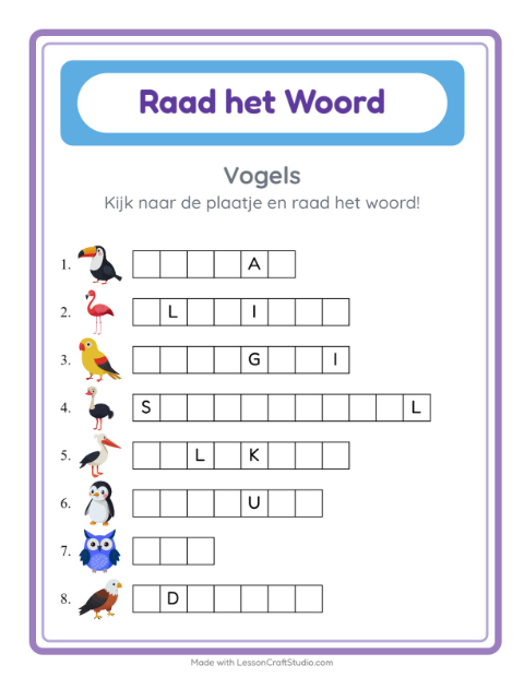 Voorbeeld van het Woord Raden-werkblad met Vogels voor kleuterklas