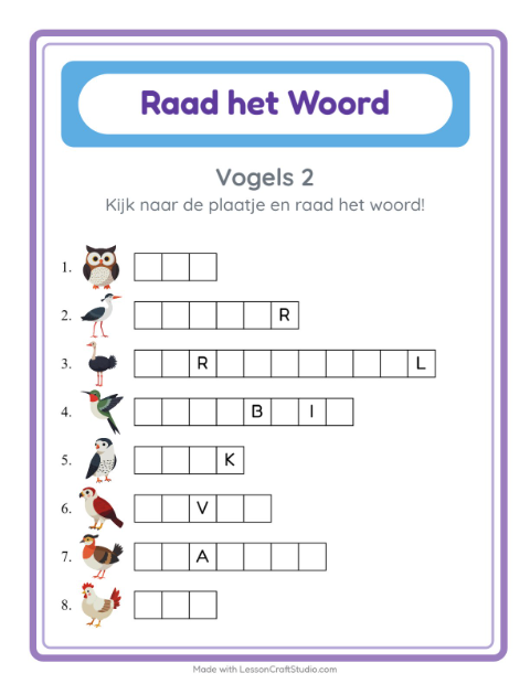 Voorbeeld van het Woord Raden-werkblad met Vogels 2 voor kleuterklas