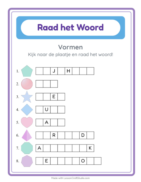 Voorbeeld van het Woord Raden-werkblad met Vormen voor kleuterklas