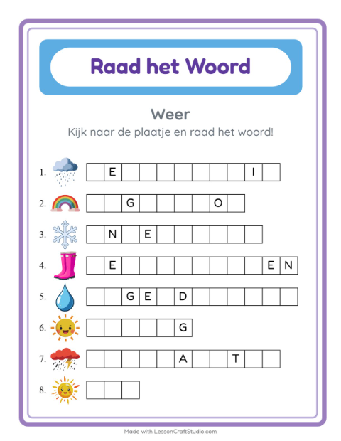 Voorbeeld van het Woord Raden-werkblad met Weer voor kleuterklas